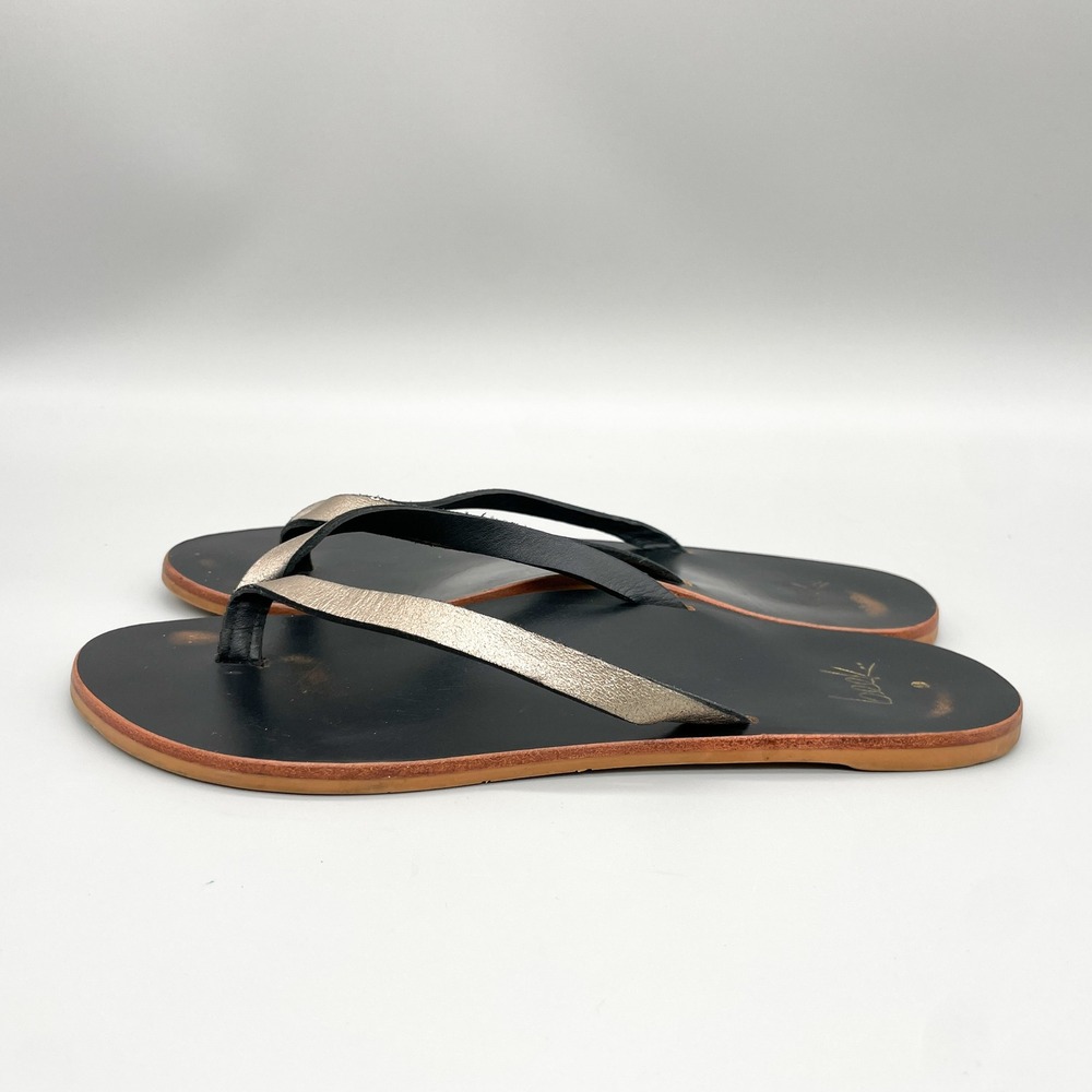 Beek Seabird Leather Flip Flop Sandals Womens 9 Black Metallic Gold Thong Flats - Picture 4 of 11